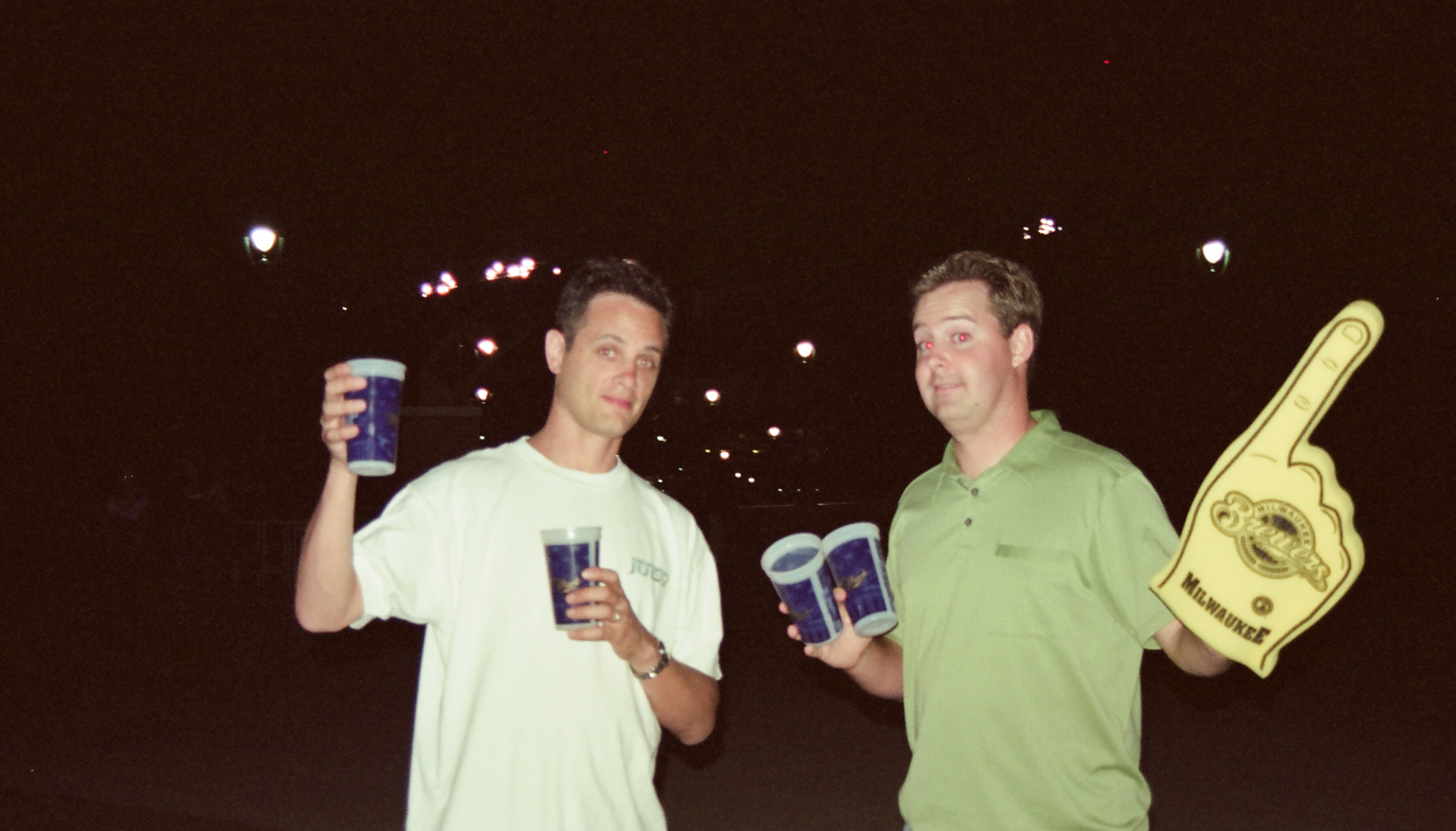 Jeff and Brian with Souvenir Cups & Foam Finger